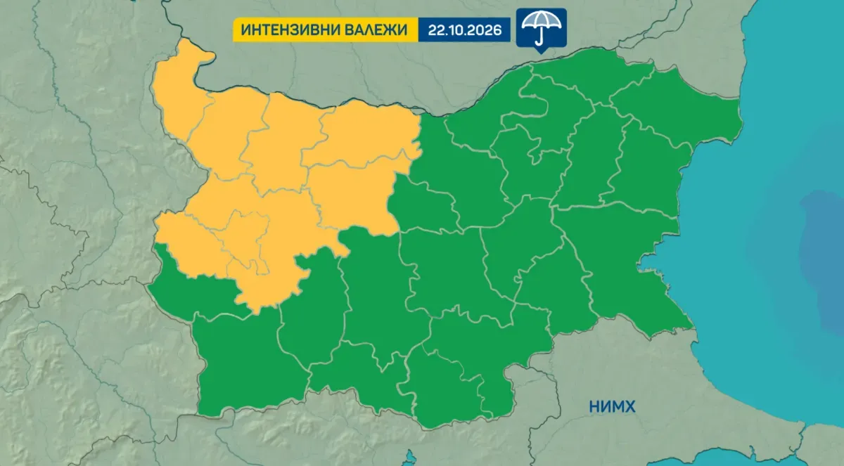 Обявиха жълт код за интензивни валежи в 8 области в четвъртък